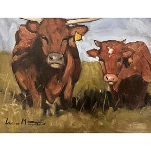 Texas Long Horn Cow Painting Original Impressionist Signed 11x14